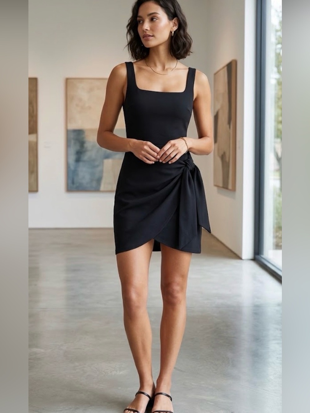 Express tie wrap little black dress size S square neck